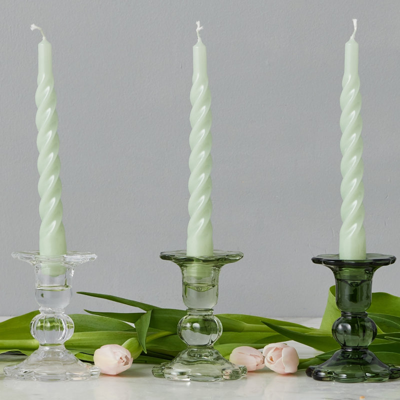 Glass Scalloped Candlesticks, Clear/Sage/Spruce