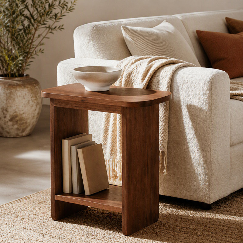 Solid Wood End Table, H-Shaped 2-Tier Side Table with Storage Shelf, Natural Brown, Natural Brown, Natural Brown