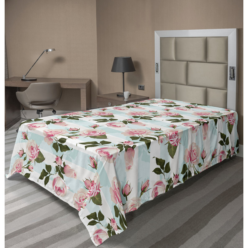 Ambesonne, drap plat floral pivoines, art botanique printanier, Drap plat pour lit simple TG, Bleu doux, rose pastel / floral