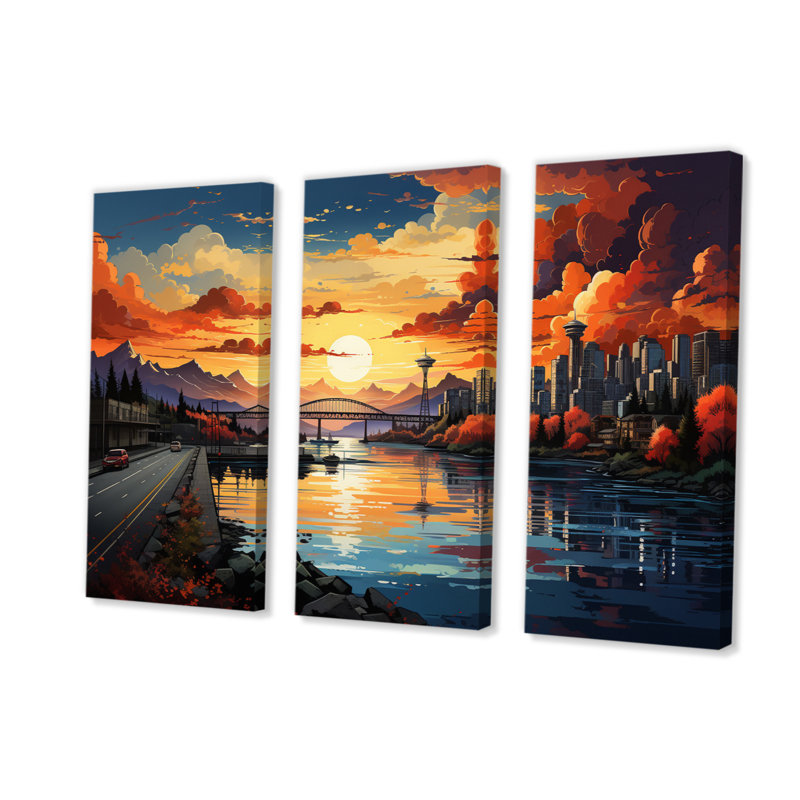 «City Vancouver Sunset Popart», reproduction sur toile 3 pièces, H 40 po x l 60 po x P 1 po