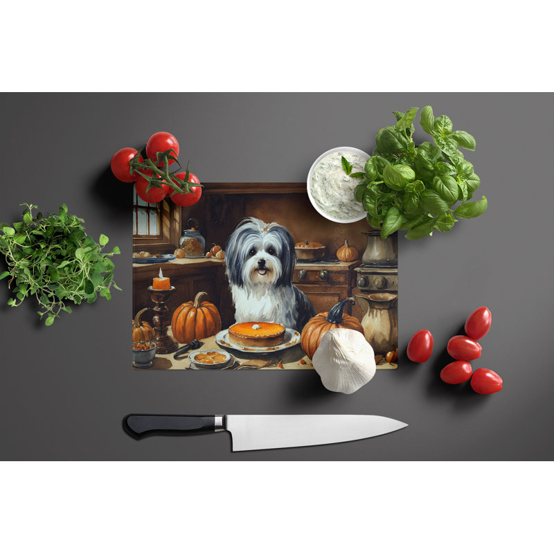 Havanese Fall Kitchen Pumpkins Glass Cutting Board Large