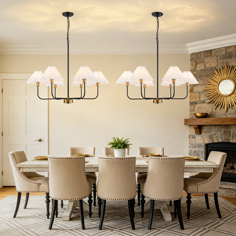 Lustre traditionnel 6 lumières avec abat-jour en tissu plissé, Noir et or