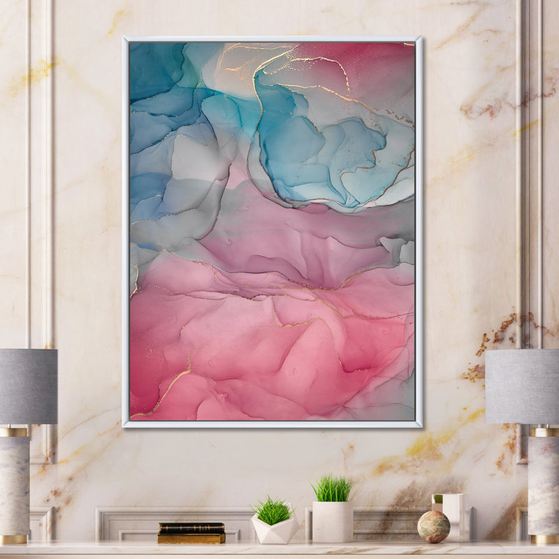 «Pink and Blue Ink Clouds I», peinture sur toile, H 32 po x l 16 po x P 1 po, Cadre flottant blanc