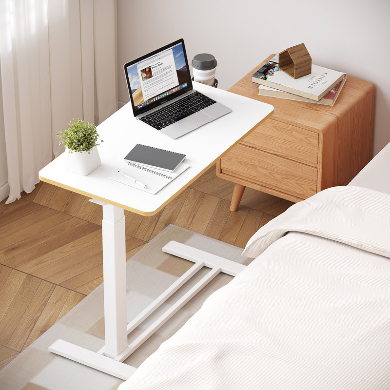 Kristee Adjustable and Movable Overbed Table with Hidden Casters, 40.5" H x 31.5" W x 17.7" D, White with Maple Edge