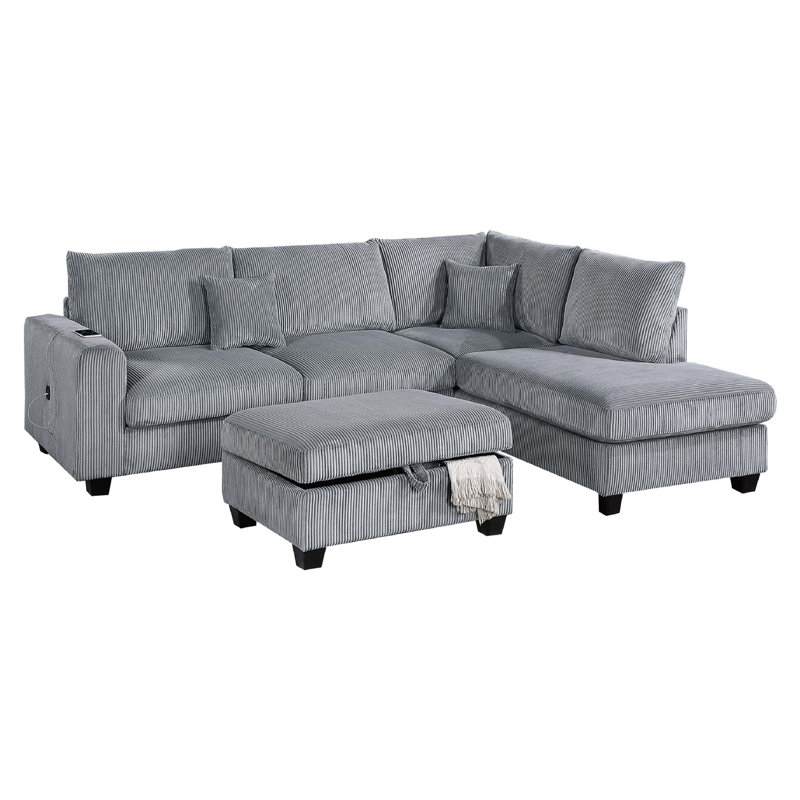 Roe 3Pc Sectional Sofa Set With Chaise, Ottoman, 2 Pillows, Gray Corduroy