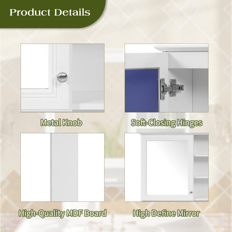 Armoire à miroir murale 30 po 2 en 1 avec tablette réglable, charnières à fermeture en douceur, panneau de fibres à densité moyenne de haute qualité, pour meuble-lavabo, salon, rangement de chambre à coucher