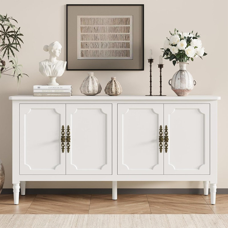 Buffet Buffet, blanc satiné - Crédence moderne Mid-Century avec tablettes réglables, poignées sculptées et bar à café pour la salle à manger ou le salon