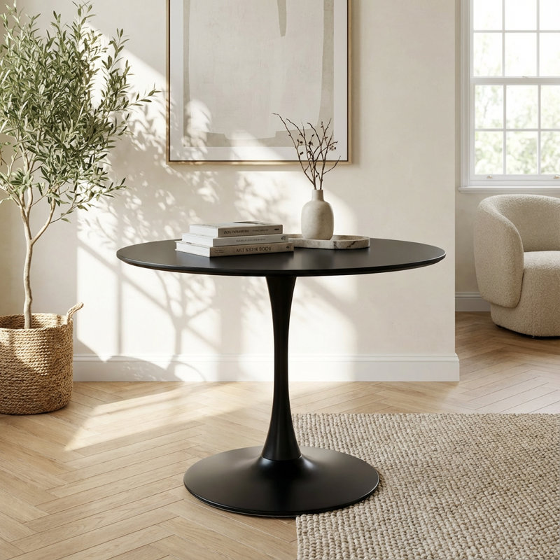 Table de salle à manger à piédestal moderne avec plateau en panneau de fibres à densité moyenne et base en métal robuste pour 4 à 6 sièges