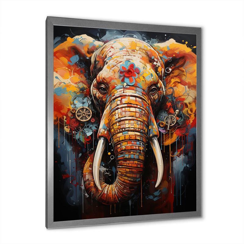«Urban Graffiti Pachyderms I» sur toile, H 44 po x l 34 po x P 1,5 po, Cadre simple argenté