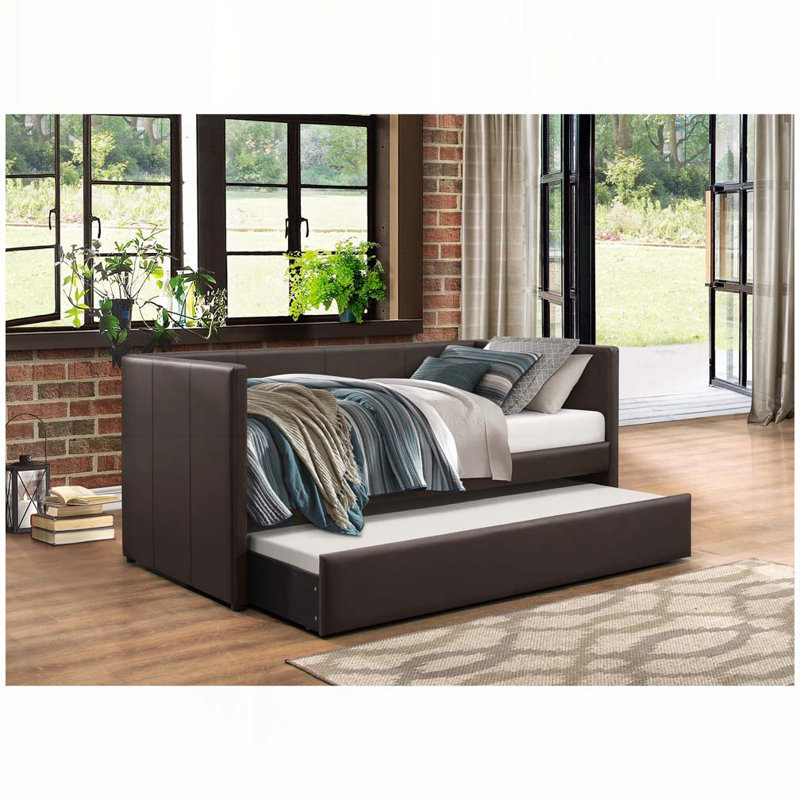 Faux Leather Upholstered Daybed with Trundle, Brown