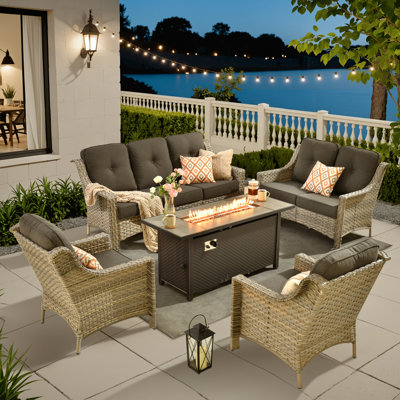 7-Person Rattan Outdoor Seating Group with Fire Pit Table by Lark Manor