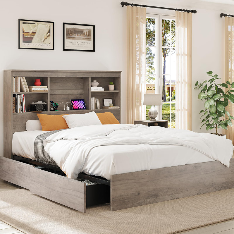 Cadre de lit avec tête de lit bibliothèque haute, cadre de lit en bois avec 4 tiroirs de rangement, Gris, Grand lit