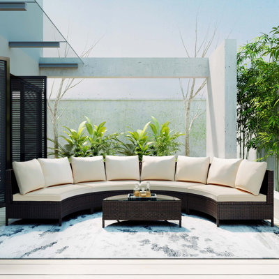 5 Pieces All-Weather Brown PE Rattan Wicker Sofa Set Outdoor Patio Sectional Furniture Set Half-Moon Sofa Set With Tempered Glass Table -  Hokku Designs, E2E09E0018CB45F681521FFBF3A908DD
