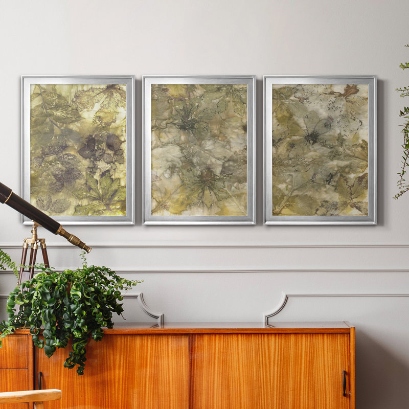 Eco Print I - ensemble de 3 peintures sur toile encadrées, Argent, H 30,5 po x l 127,5 po x P 4,5 po