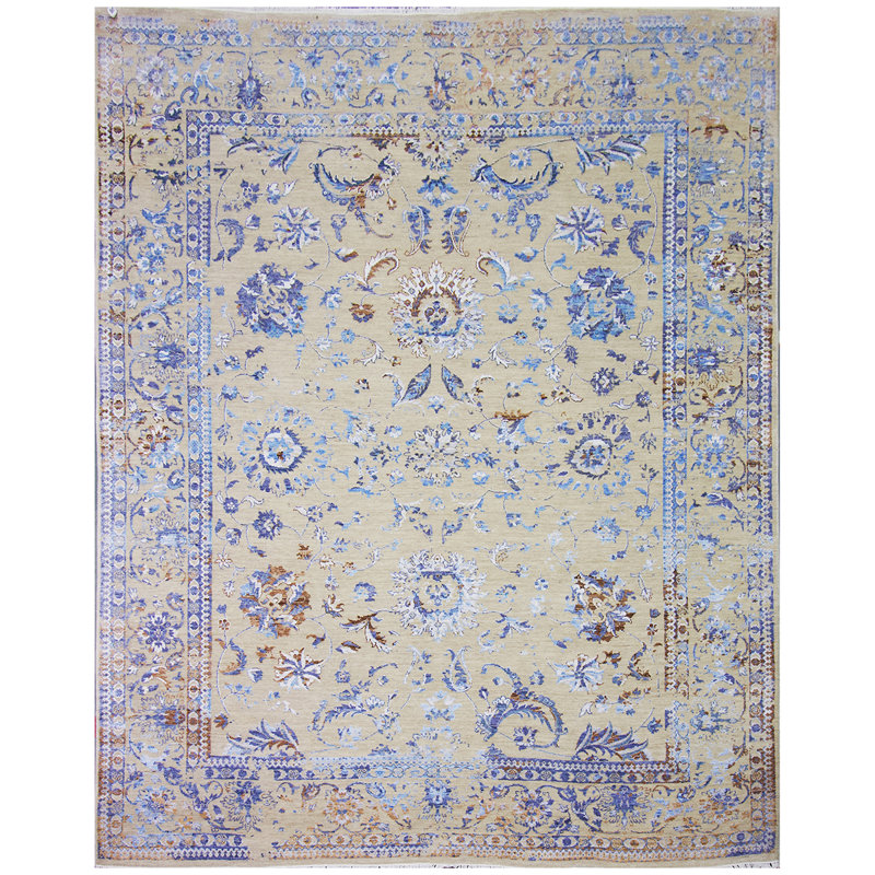 Tapis bleu clair / beige noué à la main de haute qualité, Rectangle 8 pi x 10 pi