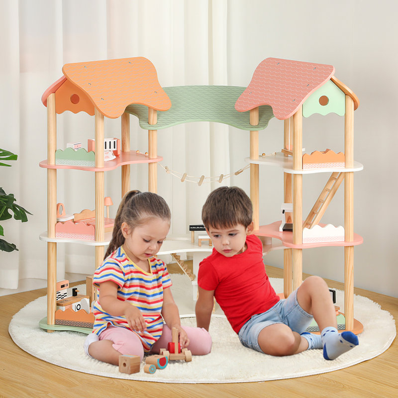 Doll House 7 Rooms 3 Tiers Wooden Dollhouse With 31 Furniture Pieces Cute Family Pretend Play Dollhouse For Kids Aged 3+ Doll House Playset For 3”-6” Dolls Gift For Kids