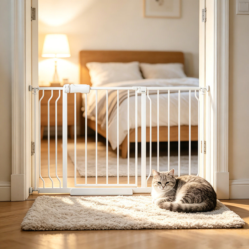 Barrière de sécurité extra large à fermeture automatique pour animaux de compagnie - fixée à la pression, réglable de 43,3 po à 52,8 po - blanc pour portes / escaliers, résistant aux animaux de compagnie