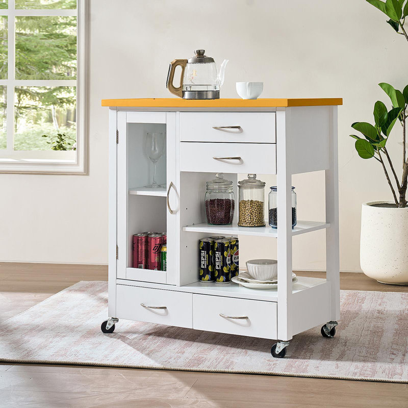 Îlot de cuisine avec plateau en bois de noyer, armoire de rangement sur roulettes avec tiroirs, buffet avec barre à serviettes, blanc