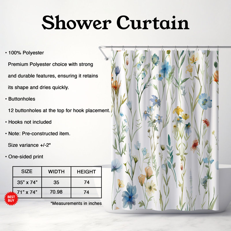 Doux motifs de fleurs sauvages - rideau de douche standard 1 pièce, H 74 po x l 71 po