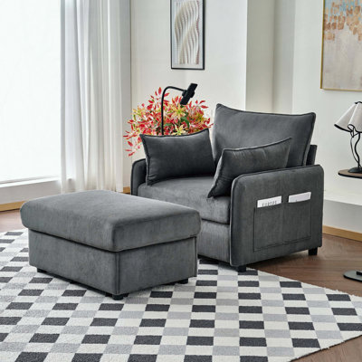 Chaise longue surdimensionnée de 55 po - Repose-pieds et rangement - Velours côtelé - Gris