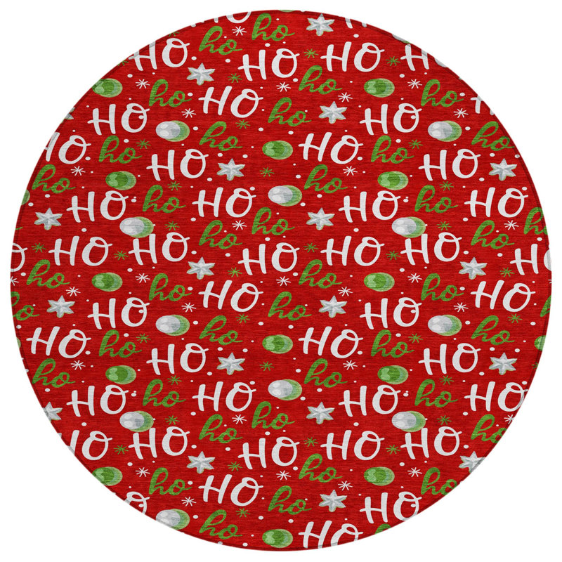 Tapis intérieur/extérieur rond de 8 pieds rouge, blanc et vert à motifs « Ho Ho Ho », lavable