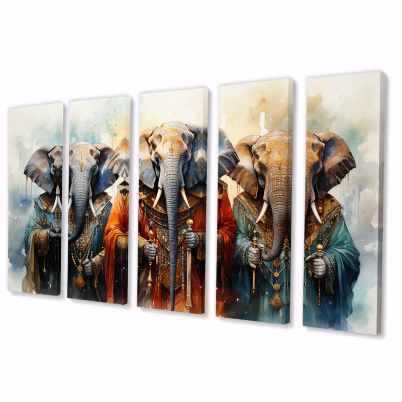 Éléphants sacrés d'Afrique II - Affiche murale africaine - 5 panneaux identiques