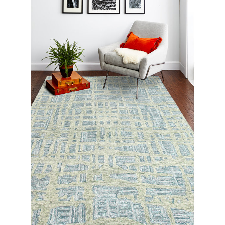 Geisha Geometric Handmade Tufted Wool Area Rug in Teal