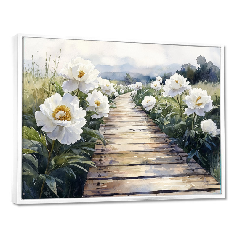 Pivoines le long de l'allée en bois II - pivoines, art mural, H 30 po x l 40 po, Impression encadrée flottante, Blanc