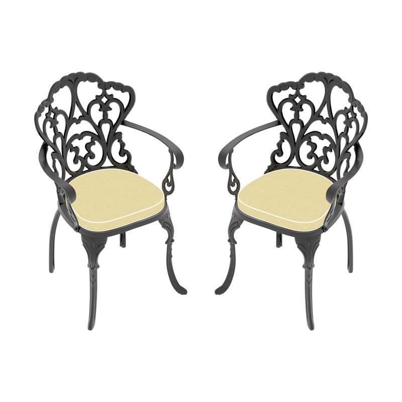 Chaise de patio en fonte d'aluminium 2 pièces avec structure noire et coussins beiges, 2
