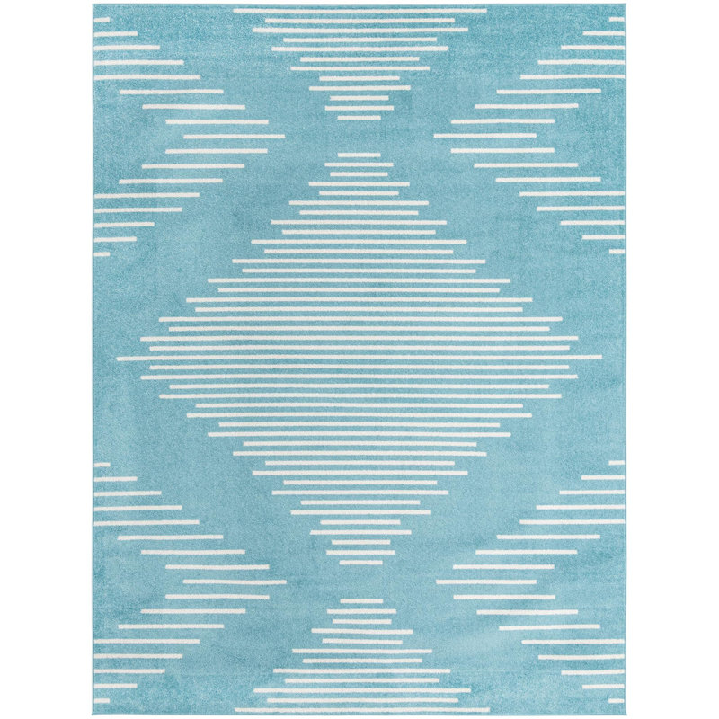 Tapis géométrique bleu clair en polypropylène tissé à la machine, Rectangle 9 pi x 12 pi
