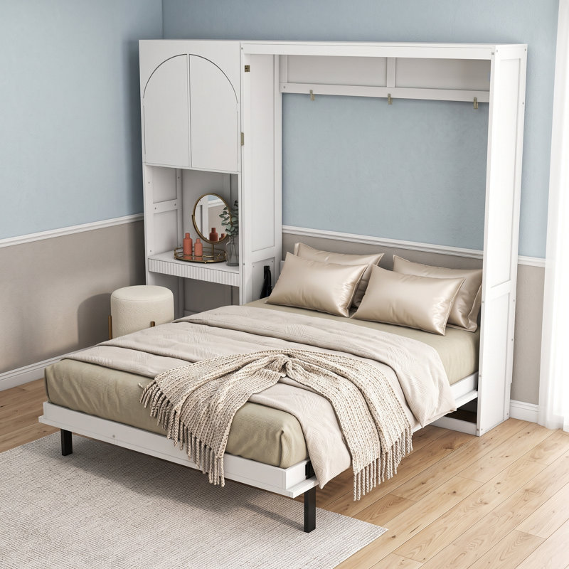 Grand lit escamotable 1 tiroir avec armoire latérale réversible et lumières DEL, Blanc