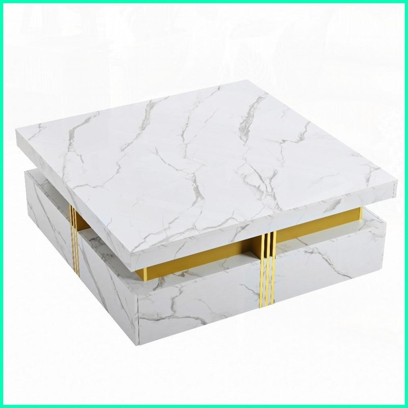 Blanc moderne Table basse carrée dorée avec 4 tiroirs de rangement, panneau de fibres à densité moyenne durable pour le salon