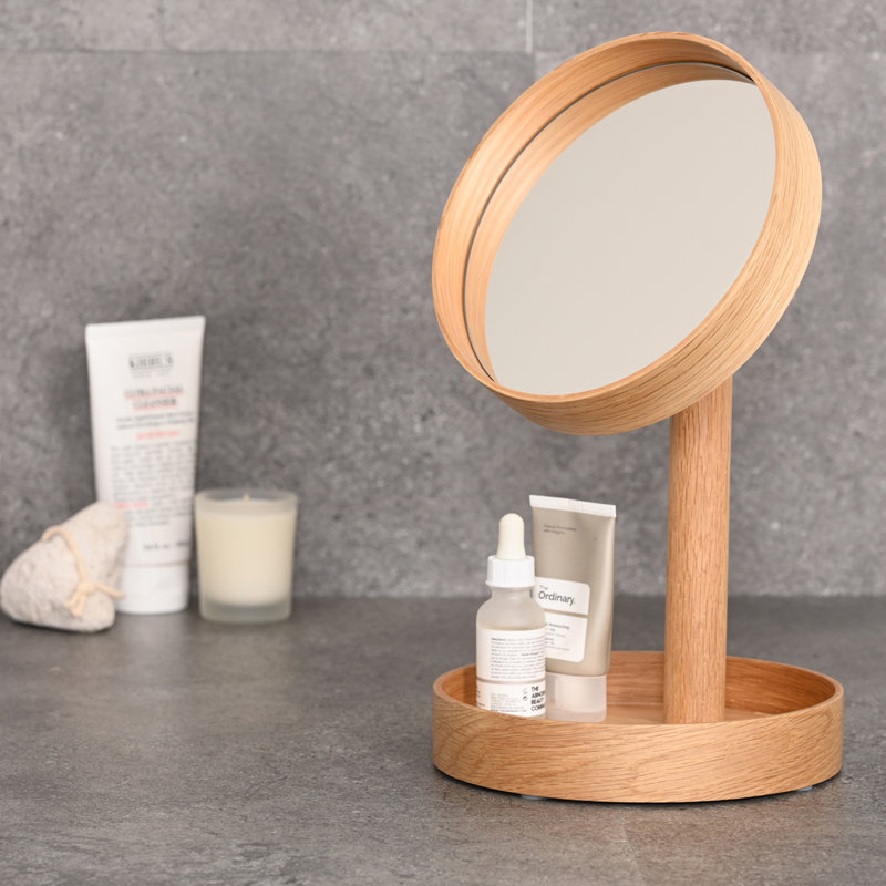 Round Floor Mirror, Oak Wood