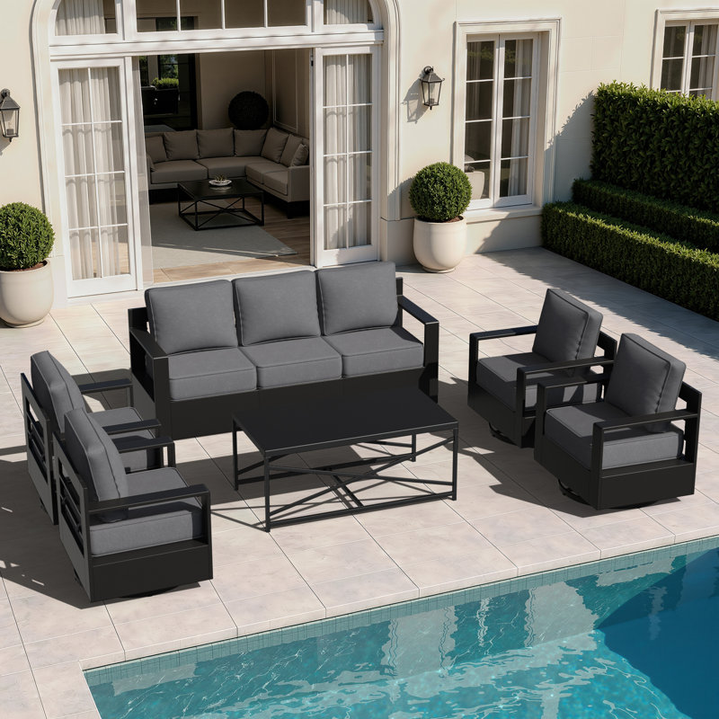 Ensemble de patio d'extérieur 6 pièces avec canapé 3 places, 4 chaises pivotantes et table basse Abdullah, coussin bleu, Gray