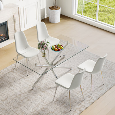 5-Piece Modern Dining Set – Glass Table With Metal Base & 4 Velvet Dining Chairs