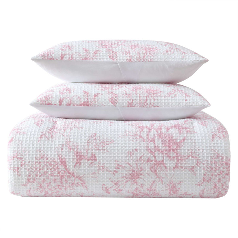 Laura Ashley Delphine Waffle Pink Comforter Set, Twin Comforter + 1 Standard Sham