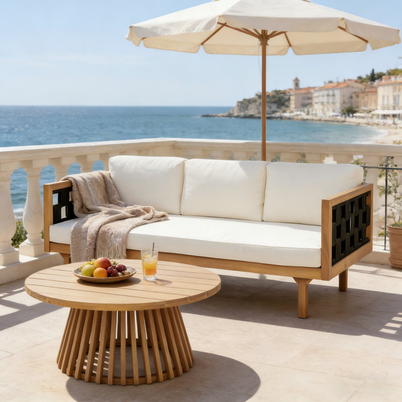 Clovelly Outdoor 2-Piece Acacia Wood Conversation Set With Woven Rope & Cushions, Beige