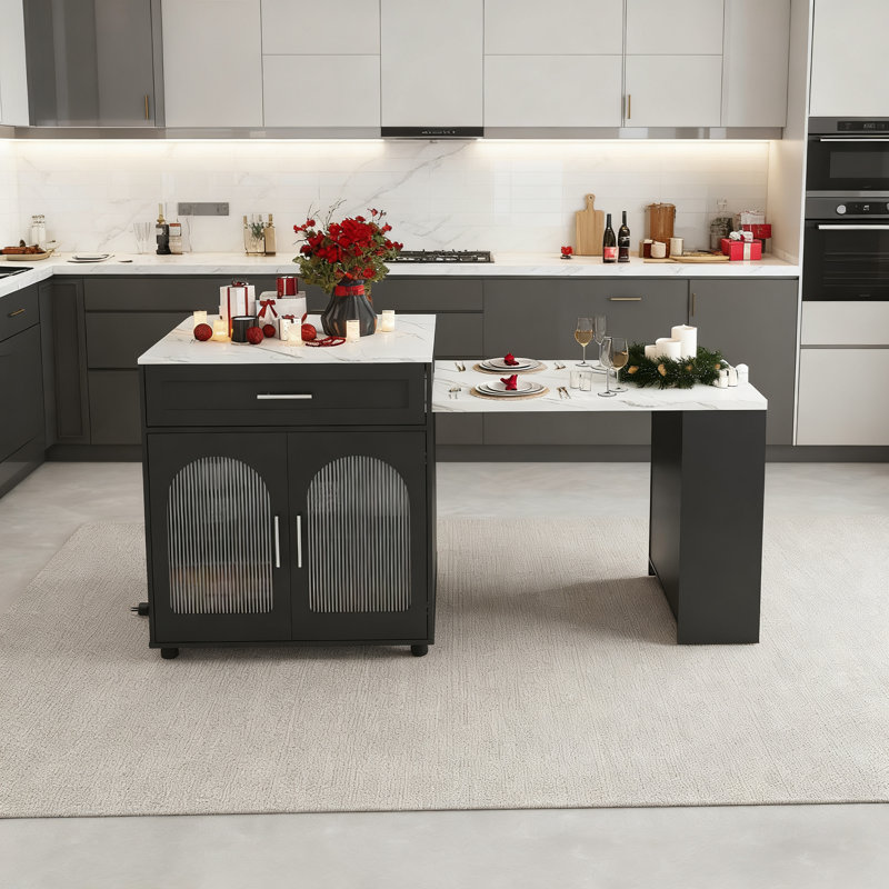 80-Inch Expandable Kitchen Island With Built-In Power Sockets For The Dining Table, With Cabinets And A 2-Drawer Mobile Storage Trolley