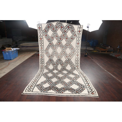 One-of-a-Kind Hand-Knotted 1940s 5'6" x 10'11" Wool Area Rug in Ivory/Black