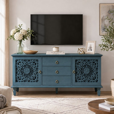 Farmhouse TV Stand with Hollow Carved Doors, 3 Drawers & Adjustable Shelves, Vintage Sideboard Media Console for Living Room