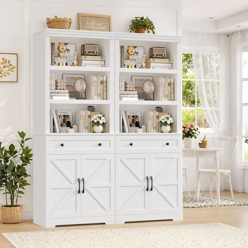 71.7" Bookcase With Open Shelves And Drawers, White