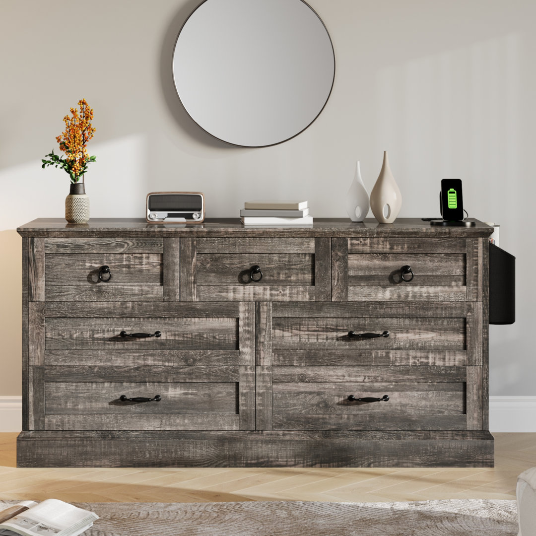 Farmhouse 7 Drawers Dresser Rustic Storage Dressers Organizer Chest Of Drawers With Power Outlet For Bedroom Living Room Hallway Millwood Pines 