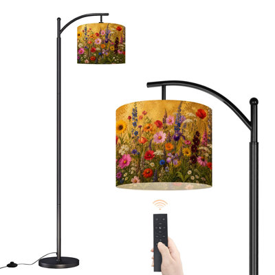 Lampe sur pied à DEL arquée à intensité variable, motif floral prairie, abat-jour réglable en hauteur avec télécommande, pour salon, chambre ou bureau