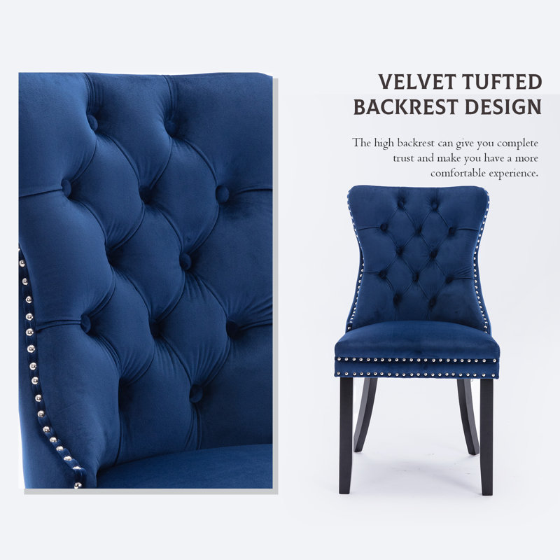 Velvet Fabric Upholstered Dining Chairs Set of 4,Blue, Natural Wood, Blue