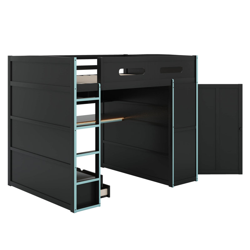 Lit mezzanine double en bois avec bureau, garde-robe et lumière DEL RVB, Bleu nuage