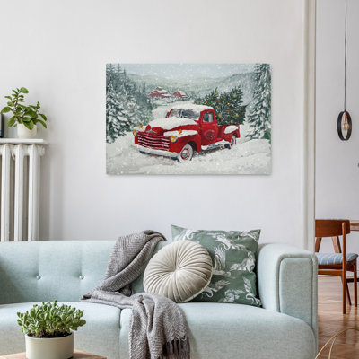 Snowy Red Truck Christmas Classic Vintage Abstract Christmas Tree Pine Tree Landscape Winter Wall Art Print 1 Piece Wrapped Canvas Wall Art