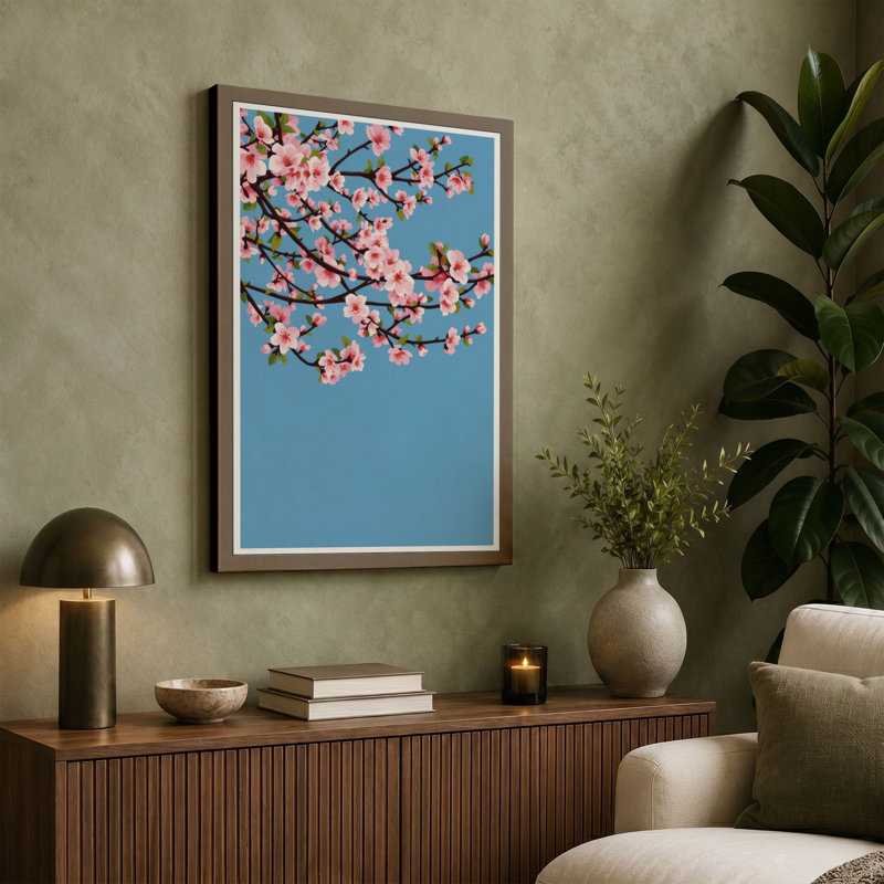 Moonlit Cherry Blossom Botanical - Wrapped Canvas, 18x12 - 45.7 x 30.5 cm, Teal Border