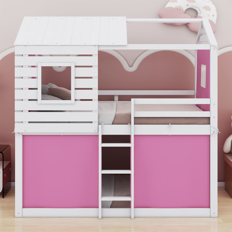 Yaraghi Bunk Wood House Bed with Tent, Twin Over Twin, Pink/White