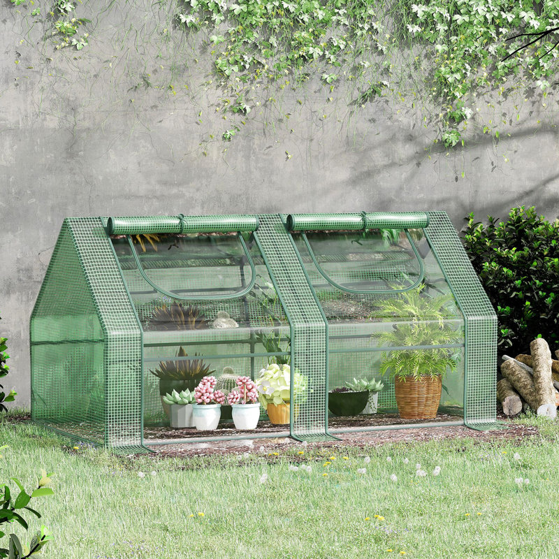 Serre de jardin de 6 pi x 3 pi, fabriquée en acier, 2 housses en PE / plastique et fenêtres à enroulement, augmente le temps de croissance des plantes, structure à double protection, prolonge la saison de croissance,