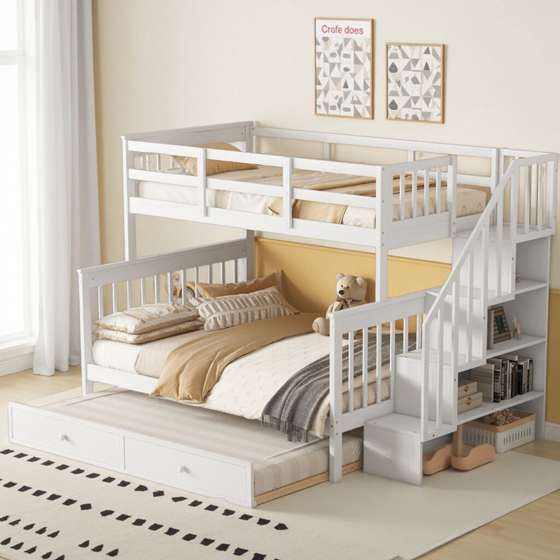 Lit superposé convertible simple sur double avec escalier, rangement et lit gigogne polyvalent, Blanc